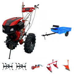 Мотоблок дизельный Storm 152D LUX Premium с электрозапуском, 10 л.с., ВОМ, пониженная передача, колесам 7.5x12. В комплекте: фрезы, дифференциальные удлинители, бампер, капот, фара, сцепка, плуг, двойной окучник, прицеп 500 кг