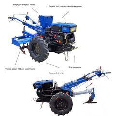 Мотоблок Русич-8 с ВОМ, дизельным двигателем R180, 8 л.с., колеса 6.00х12, в комплекте (активная почвофреза 100 см, плуг)