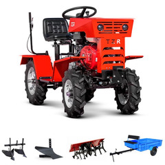 Мототрактор TZR МТ-110 с двигателем 188F мощностью 13 л.с., колеса R10 - R12 (Сцерка + плуг + двойной окучник + активная фреза + прицеп с грузоподъемностью 500 кг)