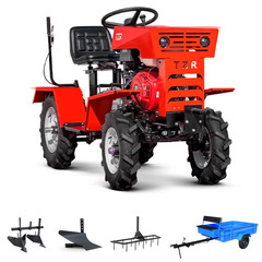 Мототрактор TZR МТ-110 с двигателем 188F мощностью 13 л.с., колеса R10 - R12 (Сцерка + плуг + двойной окучник + борона+ прицеп с грузоподъемностью 500 кг)