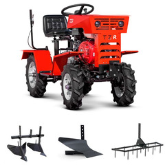 Мототрактор TZR МТ-110 с двигателем 188F мощностью 13 л.с., колеса R10 - R12 (Сцерка + плуг + двойной окучник + борона)